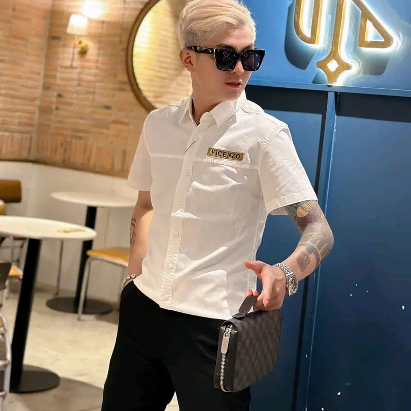 Áo Sơ Mi Nam Ngắn Tay Vải Kaki Vicenzo Shirt 3372 Kem - Nhung, Trắng Menswear 8