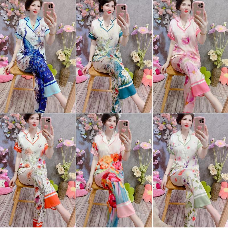 (size 40-76kg) Bộ đồ Pijama Chất Lụa Xước Hàn Quốc Thoáng Mát Tay Ngắn Quần Dài Nữ Women