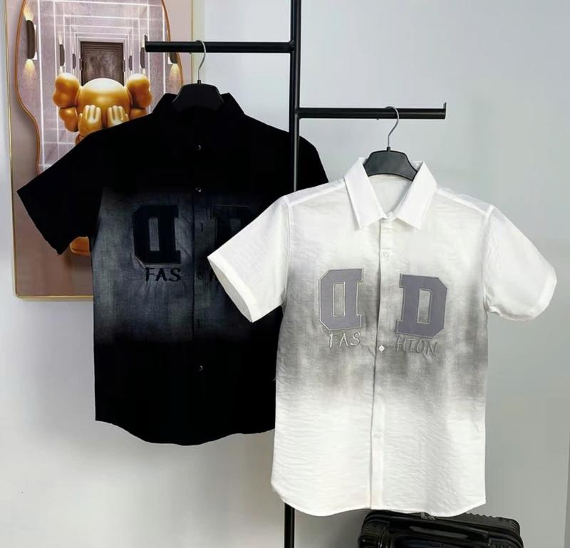  Áo Sơ Mi Nam Nữ Tay Ngắn Phối Loang Thêu Chữ DD Chất Vải Đũi Dày Dặn Thoáng Mát Phong Cách Lịch Sự Menswear Top Unisex Cổ Tròn 