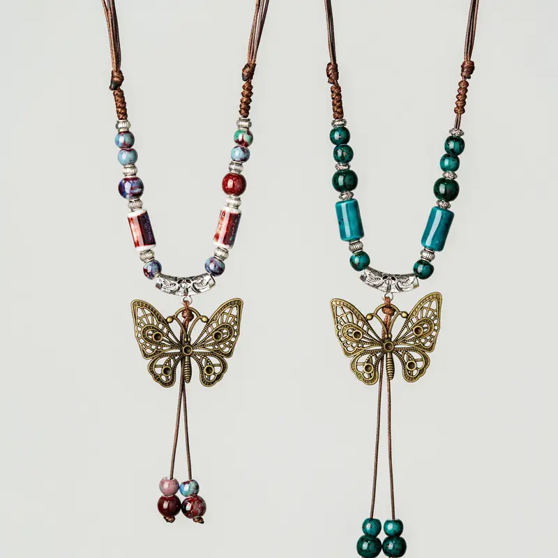 Jingdezhen Ceramic Jewelry Butterfly Sweater Chain Long Necklace Clothes Pendant Long Versatile Simple Ethnic Style Female