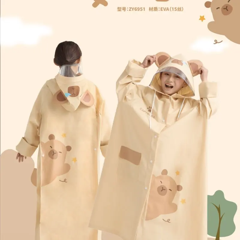 Áo mưa, Zhiyu, Chất liệu EVA, Thiết kế Kapibala, Dành cho bé gái và bé trai, Dễ thương và bán chạy, Chống thấm nước toàn thân, Thích hợp cho trường học, Kiểu áo mưa dài, Phát hành mới năm 2025 1