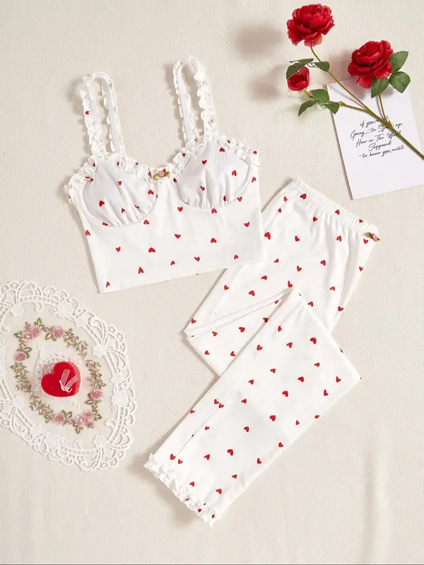 Frill Trim Backless Crop Cami Top & Elastic Waist Pants Pajama Set, Y2k Wear Streetwear Lady Comfort Sleeveless Top & Flower Decor Trousers Pj Set, Summer Wear 2024, Ladies Sleepwear Homewear, Lounge Sets, Pajama Sets 2 Piece Set for Girls, Grace Pyjamas 5