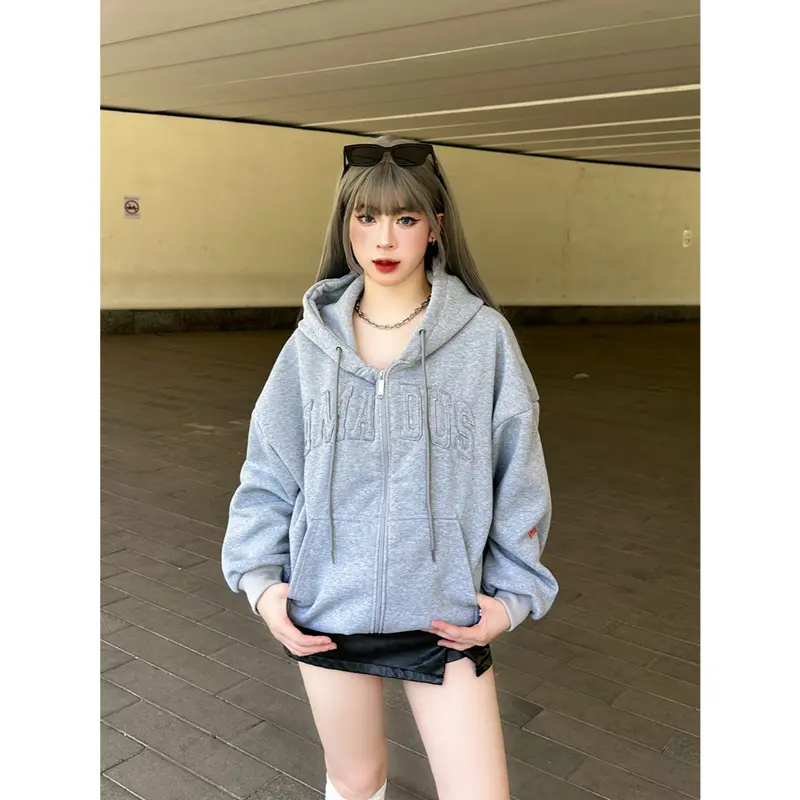 Áo Hoodie Có Khóa Kéo Có Mũ Trùm Đầu, Thiết Kế Mèo Boxy amadus, Dành Cho Nam Và Nữ, Thêu Nhiều Màu, Tay Phồng 5
