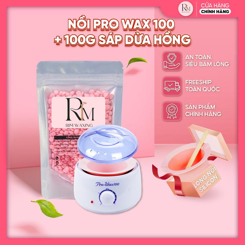 Combo Nồi Prowax100 Thế Hệ Mới Có Lòng Silicon Chống Dính + 100Gr Sáp Dừa Hồng Full Siêu Bám Lông RIM WAXING Tặng Que Phết Gỗ - 0707 0