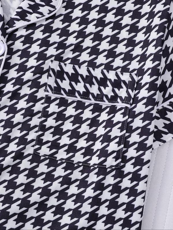 Women's All Over Houndstooth Print Short Sleeve Pajama Two-Piece Set, Casual Comfy Soft Button Front Chest Pocket Design Lapel Neck Top & Elastic Waist Shorts PJ Set, Ladies Sleepwear for All Seasons 4