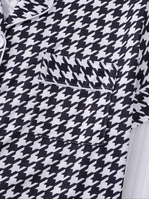 Women's All Over Houndstooth Print Short Sleeve Pajama Two-Piece Set, Casual Comfy Soft Button Front Chest Pocket Design Lapel Neck Top & Elastic Waist Shorts PJ Set, Ladies Sleepwear for All Seasons 4