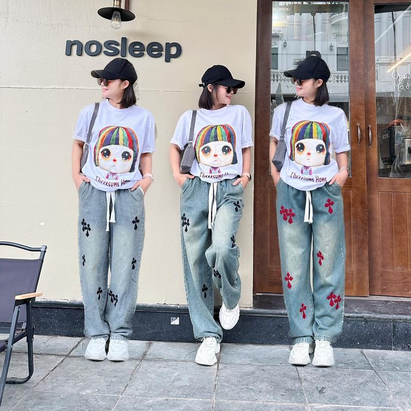 ￼Quần Jean Nữ Ống Suông Cạp Cao Thêu Chữ Thập xù - Quần Bò Nữ Lưng Chun Dáng Suông Dày Dặn Women Ong Pants