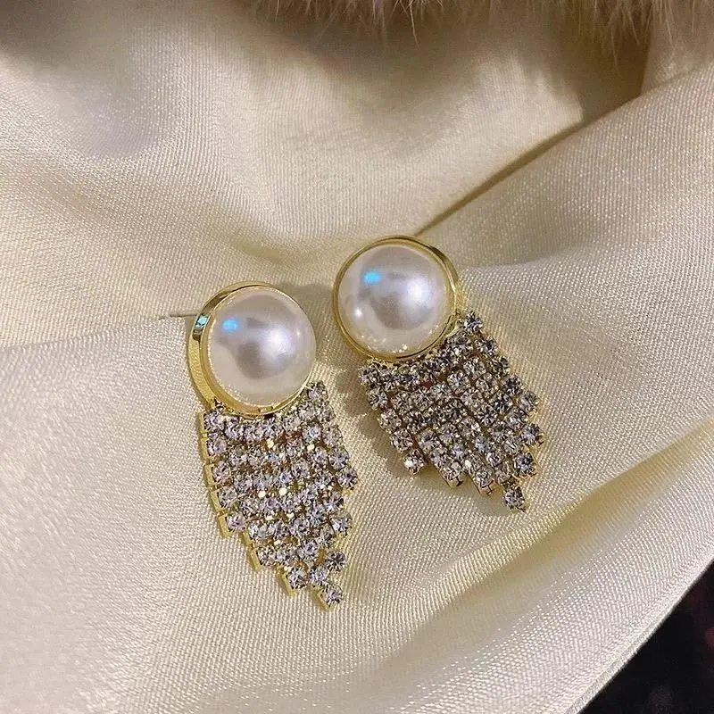Anting Kancing Rumbai Mutiara Anting Menjuntai Mutiara Kristal 3