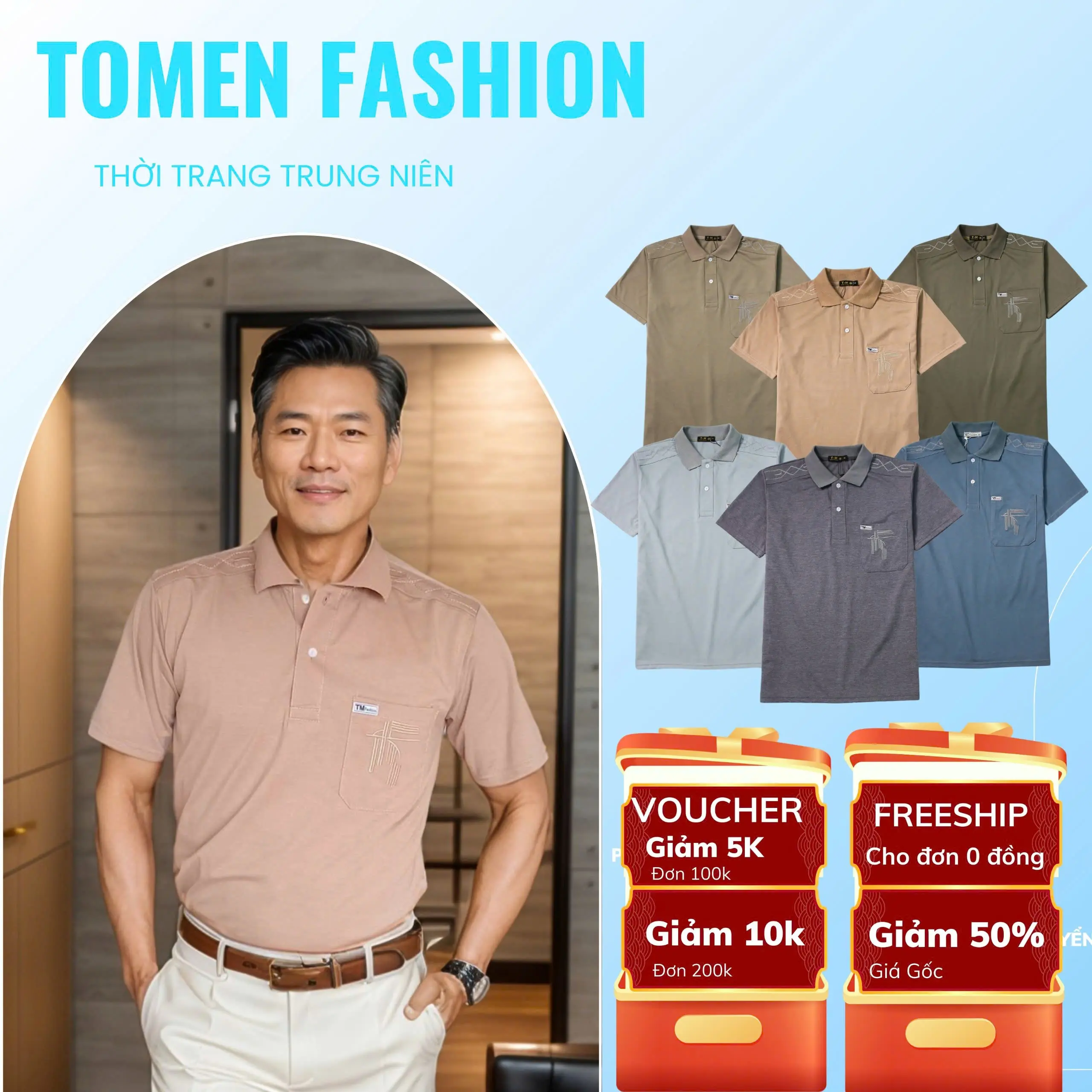 Áo Thun Polo trung niên 02 chất liệu cotton 65/35 Ngắn Tay Có Cổ Tay Ngắn trẻ trung thanh lịch