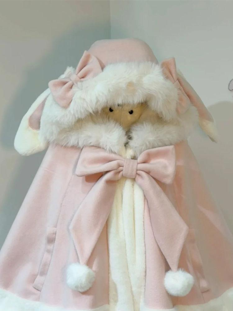 Product Introduction of 2024 Autumn and Winter New Sweet Cute Rabbit Ears Woolen Cloak Loose Youthful-Looking Bow Hooded Chic Coat 12