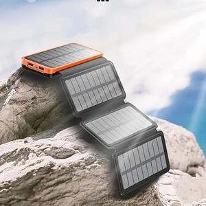 4 面折畳みソーラーパネル付 10000mAh モバイルバッテリー、SOS ライト搭載屋外用 iPhone/Samsung/Huawei 対応充電器