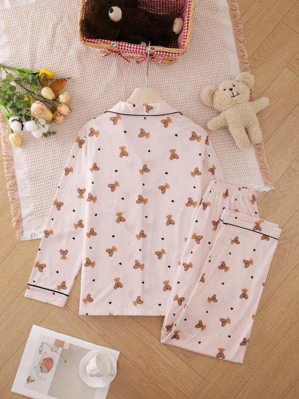 Women's All Over Bear Print Pajama Two-piece Set, Long Sleeve Lapel Neck Button Up Top & Pants PJ Set, Casual Comfy Pyjama Set for Women, Loungewear 1