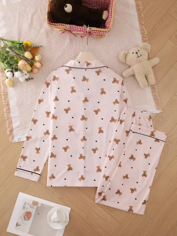 Women's All Over Bear Print Pajama Two-piece Set, Long Sleeve Lapel Neck Button Up Top & Pants PJ Set, Casual Comfy Pyjama Set for Women, Loungewear 1