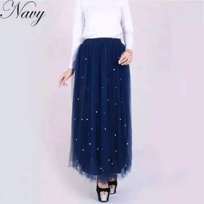 Rok tutu mutiara Wanita Bawahan Panjang Cewek Fit Karet Motif Tile Putih Dewasa Pesta Kerja Maxi 2