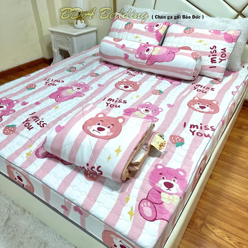 chăn ga gối đệm 5 món cotton đũi xơ đậu nành, ga nệm gấu dâu  thoáng  khí
