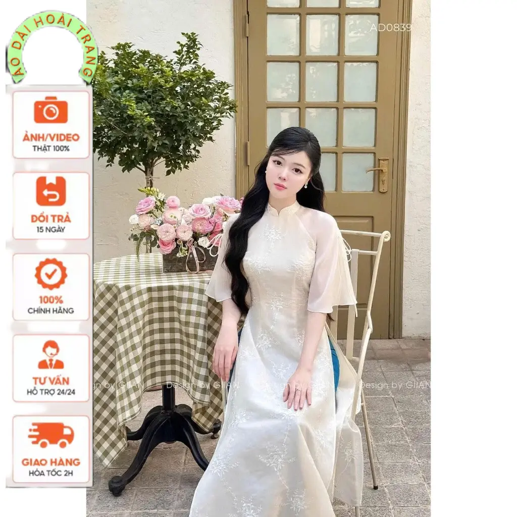 Áo dài cách tân Tơ thêu 4 tà  cổ vuông tay phồng tơ mềm cao cấp - Áo Dài Hoài Trang