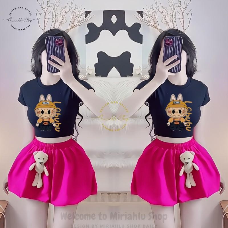 Product Introduction of Áo Thun Nữ Croptop Borip Basic Ôm Body In Hình Labubu Cam Nón, MLS237, Nữ Women Top Voi Dáng Ngắn Cổ Tròn Sọc Sò 32