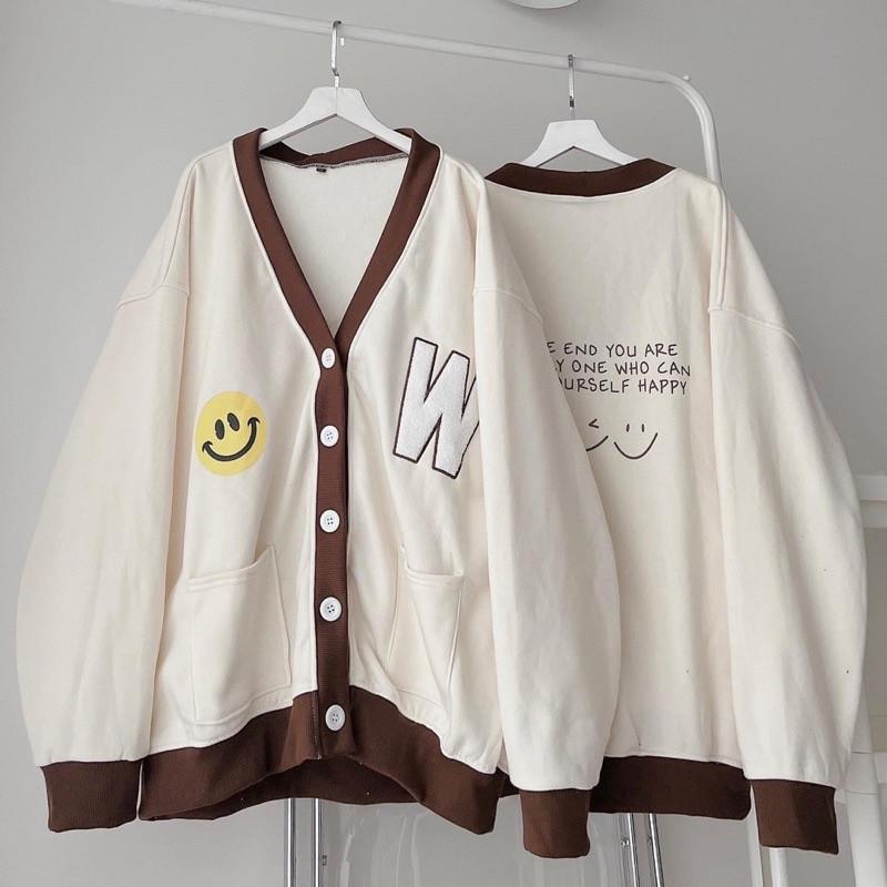  Áo Cardigan Nữ  Áo Khoác Nỉ Bông Form Rộng Unisex Tay Bồng Logo Thêu W Mặt Cười Phong Cách Ullzang 