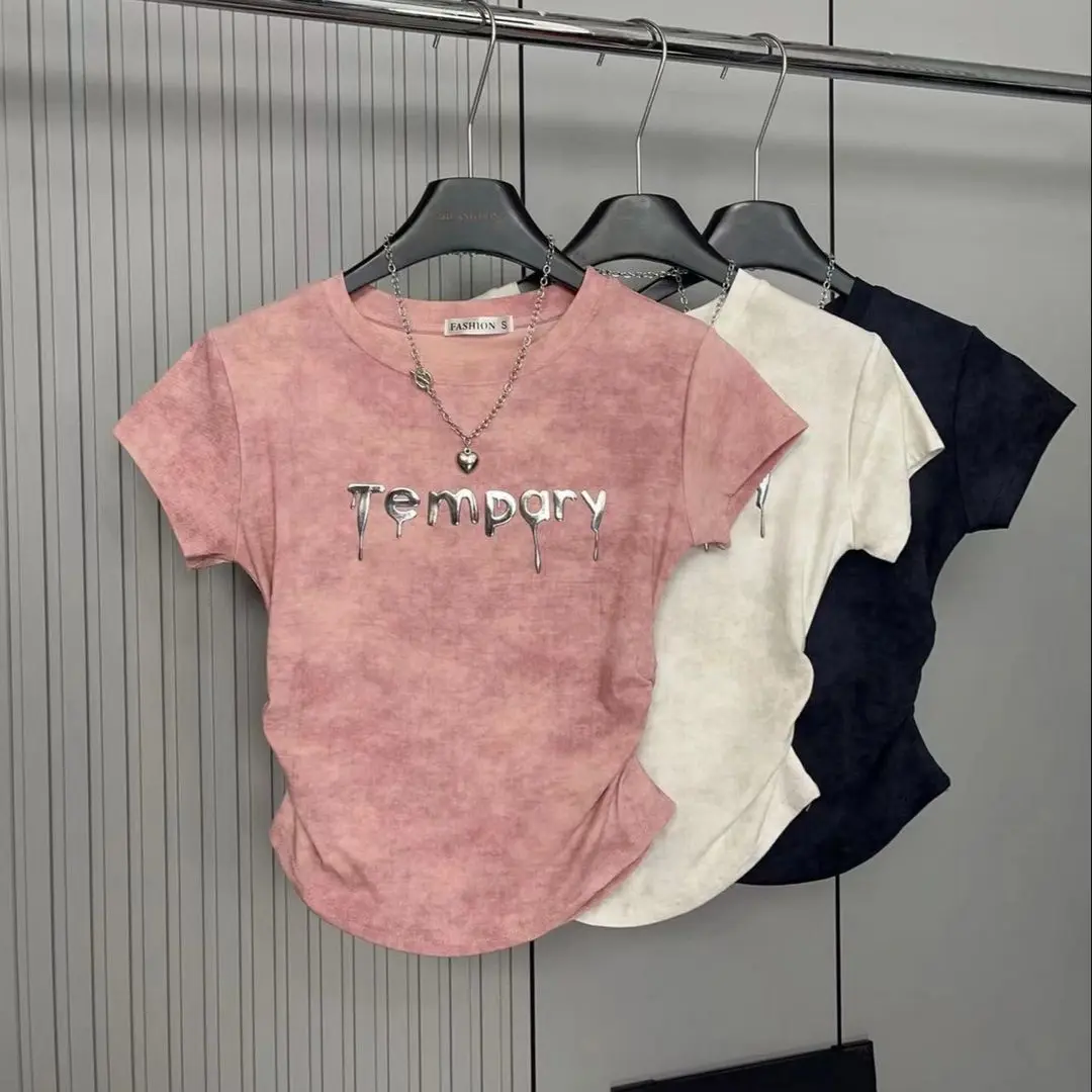 Áo Thun ngắn Tay Áo, Cổ Tròn, Tie-Dye Chữ Cái, Dành Cho Nữ, Bộ Sưu Tập Mùa Hè 2024, Thiết Kế Đẹp, Ruched Độc Đáo, Mỏng Vừa Vặn, Gợi Cảm, Áo Cô Gái Nóng Bỏng, Bán Chạy, [Nhà Cửa Hàng Bán Chạy]