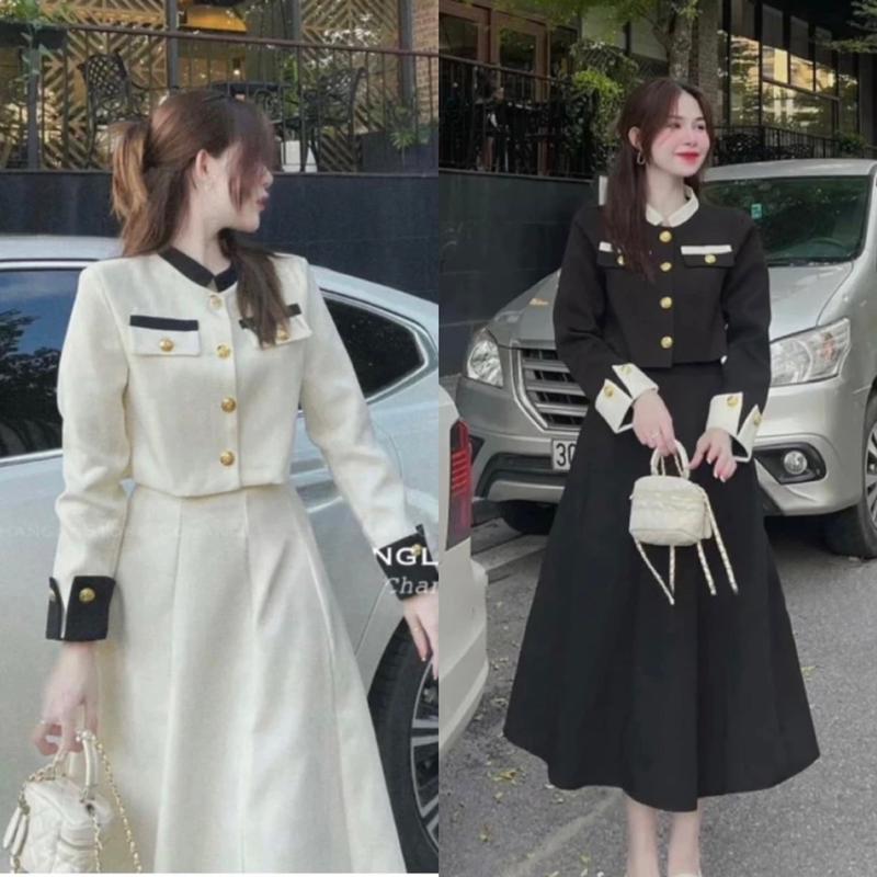 Set Dạ Nữ-Set Dạ Áo Crotop Cổ Đức Đính Cúc Mạ Vàng Tay Bẻ Phối Chân Váy Dáng Dài Xoè Kiểu Dáng Tiểu Thư Thanh Lịch