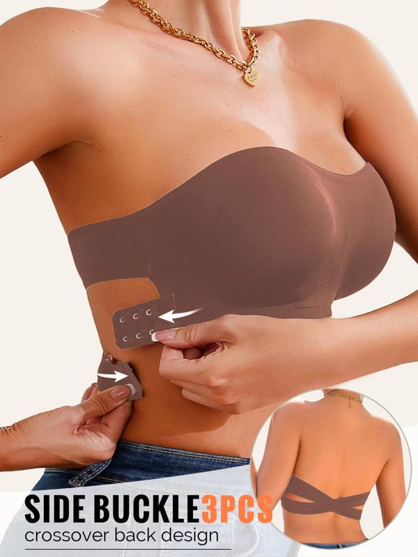 Women's Solid Color Buckle Side Criss Cross Bandeau Bra, Push Up Strapless Bra, Soft Comfortable Breathable Lingerie for Daily Wear, Bras Women 6