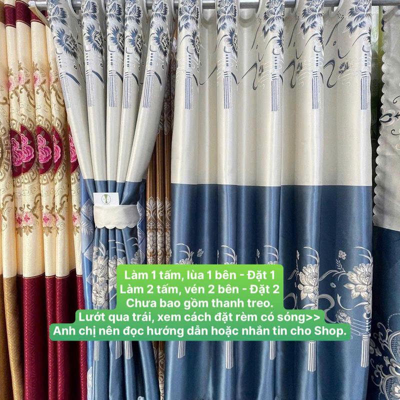 Gấm 3D Hoa Màu Xanh Phối Trắng Kem - Giá Của 1 Tấm Rèm Căng Thẳng (Chưa Bao Gồm Thanh Treo) Sợi Vải Polyester 3 Lớp Dày Cản Nắng Cản Sáng 80-90% Bền Màu Cản Lạnh Tốt