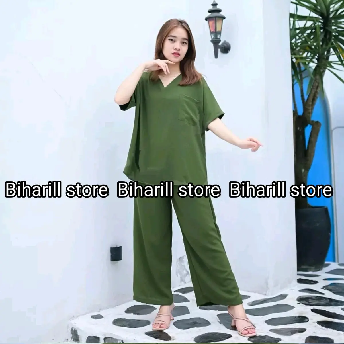 Yunna One Set - Setelan Wanita Dewasa Polos V-Neck Lengan Pendek Cringkle Airflow Premium