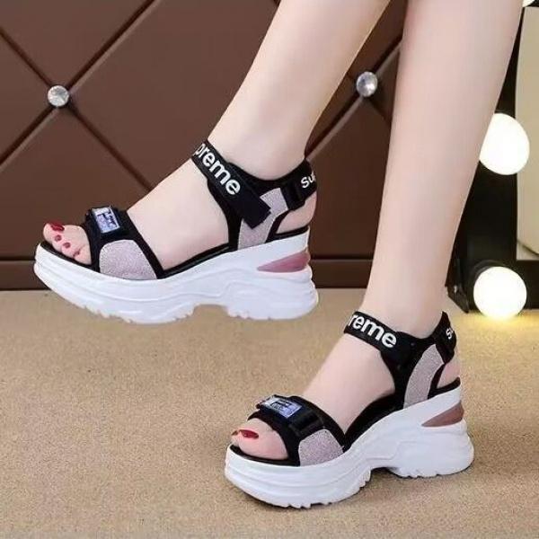Dép Thể Thao, Da Mềm, Dành Cho Nữ, Kiểu Đế Xuồng Đế Khóa Dán, Tăng Chiều Cao, Thích Hợp Đi Biển, Mùa Hè 2024 6