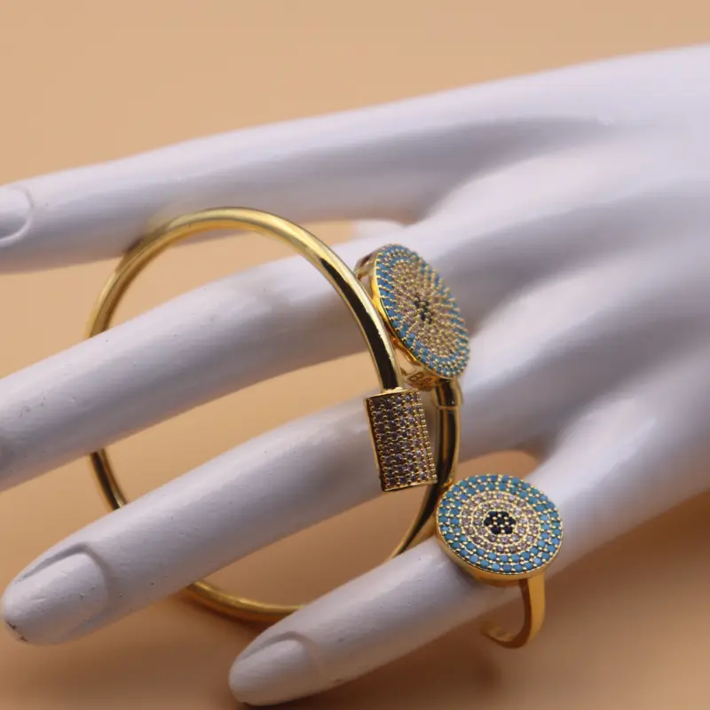 Elegant Golden Bangle with Ring - Perfect for Parties and Holidays 24K Plated, Turquoise Inlay, Alloy Construction exquisite gift delicate 7