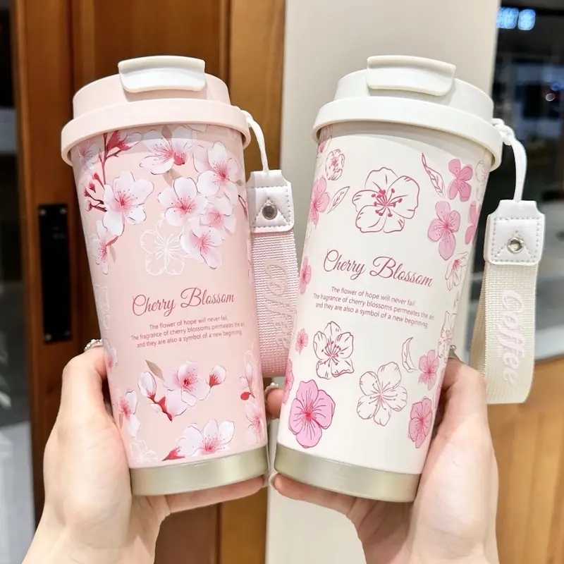 Cốc Giữ Nhiệt Hoạ Tiết Hoa Lá Dung Tích 500ml Có Kèm Ống Hút Chất Liệu inox 316 2