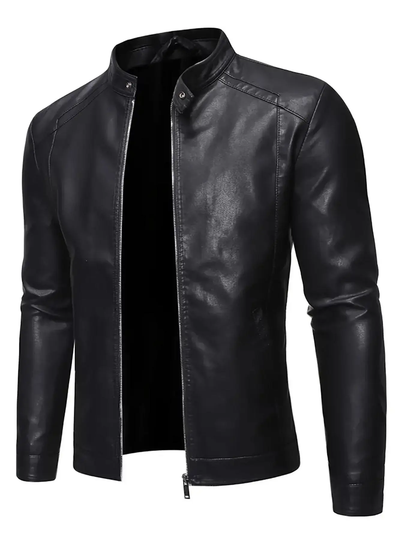 Men's Solid Color Stand Collar Zip Up Pu Leather Jacket, Regular Fit Casual Long Sleeve Button Outerwear for Daily Wear, Jackets for Men, Men's Clothing for All Seasons