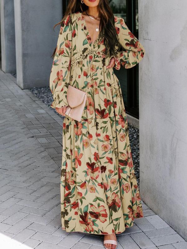 2022 Women Vintage Deep V Sexy Floral Print Long Sleeve Boho Dress 2022 Women Vintage Deep V Sexy Floral Print Long Sleeve Boho Dress