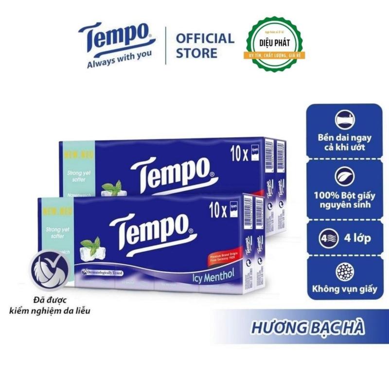 Giấy Ăn, Khăn Giấy Bỏ Túi Cao Cấp Tempo Hương Bạc Hà 4 Lớp Bền Dai Thương Hiệu Đức 10 Gói