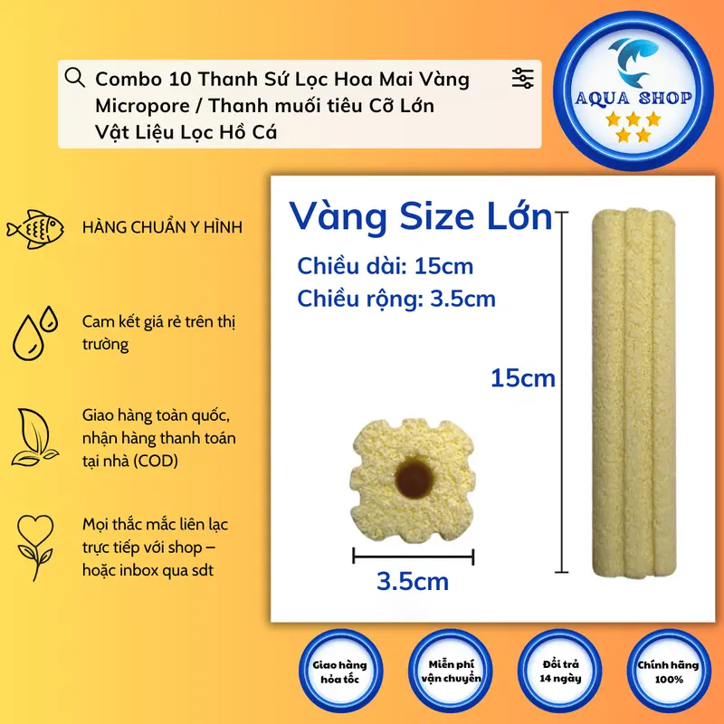 Combo 10 Thanh Sứ Lọc Hoa Mai Vàng Micropore / Thanh muối tiêu Cỡ Lớn - Vật Liệu Lọc Hồ Cá 1