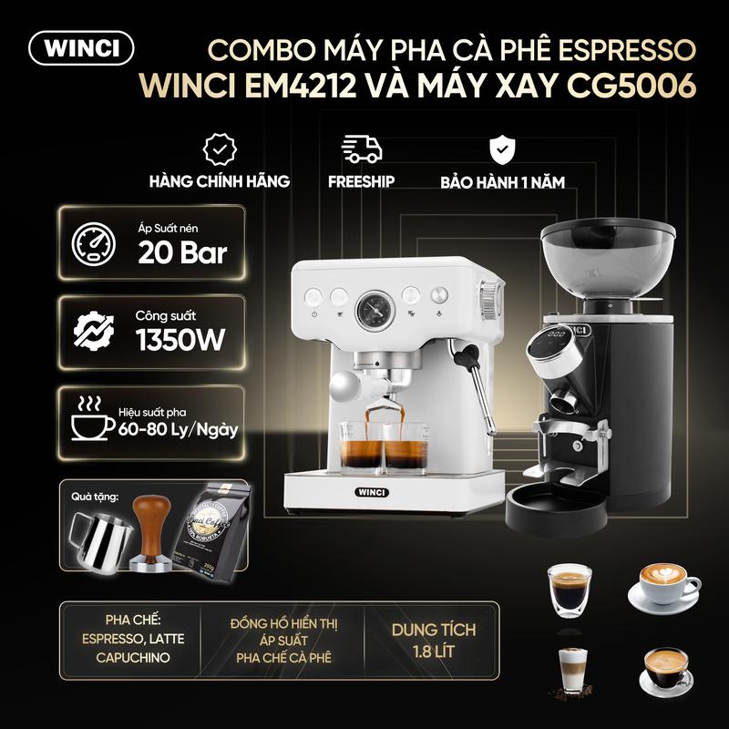 COMBO WINCI Máy Pha Cà Phê Espresso Winci EM4212  Và Máy Xay Cà Phê CG5006  Tay cầm 58 MM Pha Cafe Tự Động, Công Suất 1450w, Áp Suất 20Bar, tặng 1 gói cafe , 1 Tamper 58 mm Máy Xay Cà Phê Xay Cà Phê combo  máy