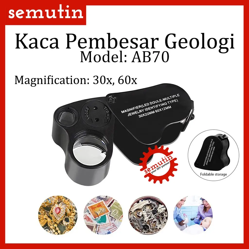 Kaca Pembesar Geologi LED 30x 60x AB70 / Perhiasan Batuan / Lup Lensa Lampu Lipat Loupe Illuminated