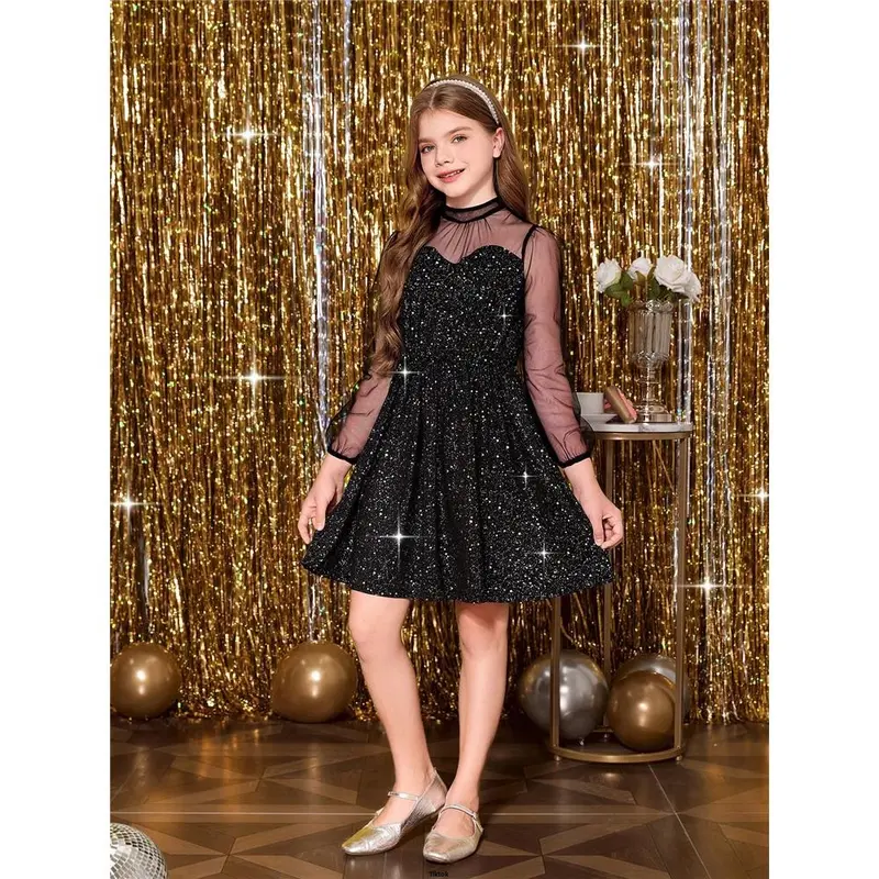 , Party , Wedding For Glitter Sleeve Mesh Girl tiktok Tween Long Fabric Party Dress , Christmas 4