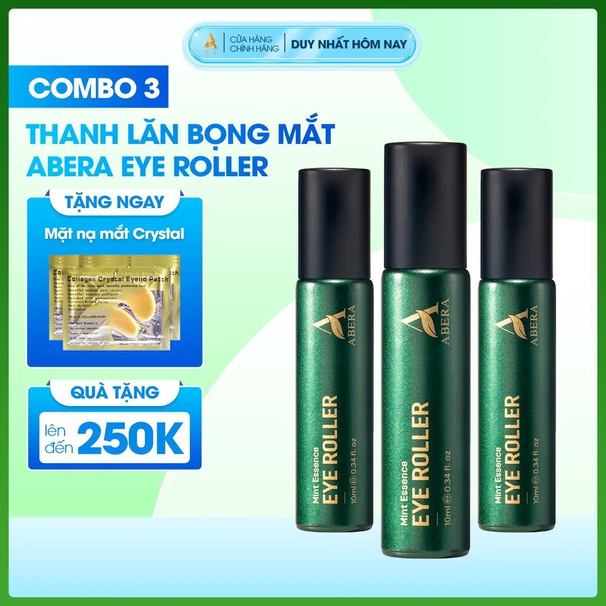 COMBO 3 Thanh Lăn Bọng Mắt Abera 10ml - Hỗ Trợ Giảm Bọng Sưng Dưới Mắt, Mờ Nếp Nhăn Quanh Mắt