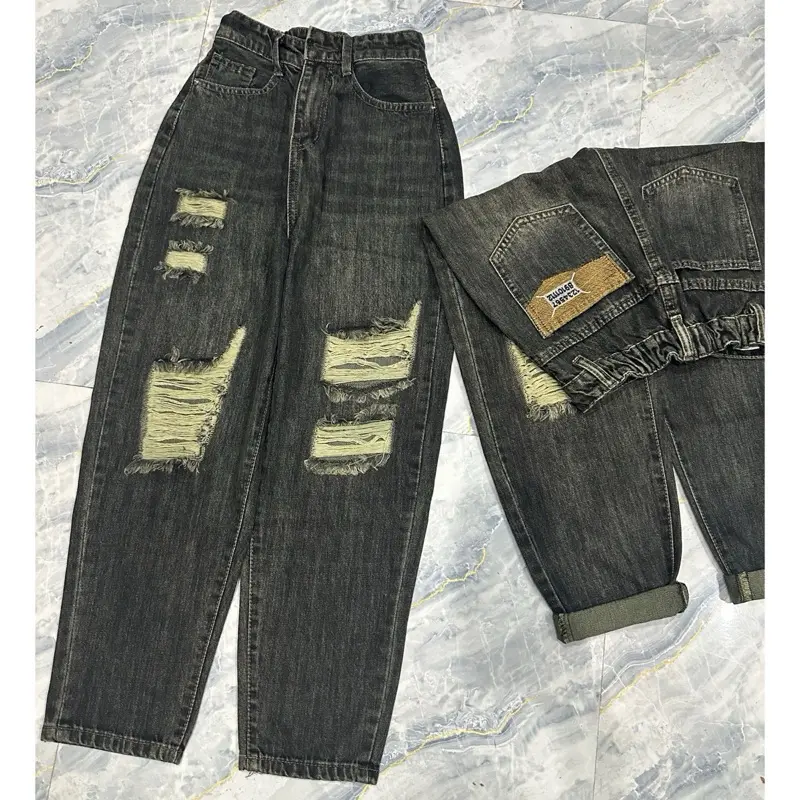 [029] Quần Jeans Baggy Lưng Chun Rách Mẫu Mới Thêu Túi Sau  Denim