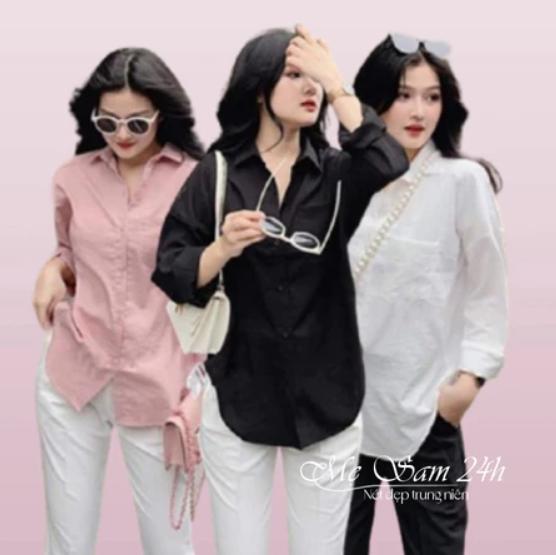 H.57 Áo Sơ Mi Nữ Dài Tay Form Rộng Bigsize Đến 90kg Kiểu Lượn Đuôi Tôm Chất Liệu Đũi Tơ Mềm Nhẹ Mát Mẹ Sam 24h - SMH.57 Top Women Shirt