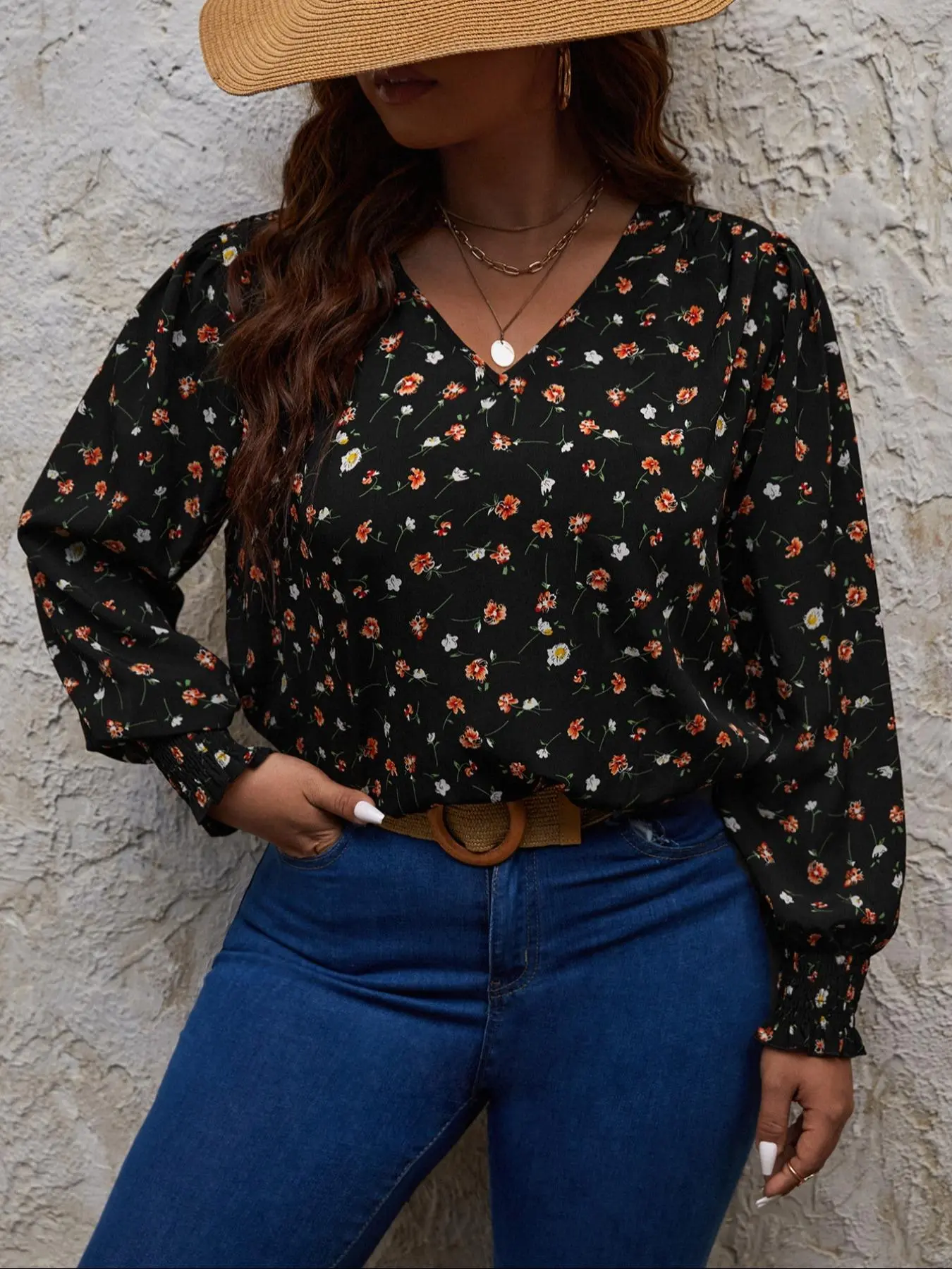 Plus Size Floral Print Flounce Sleeve Blouse, Boho Long Sleeve V Neck Top, Women's Spring & Fall Clothes for Daily Wear
