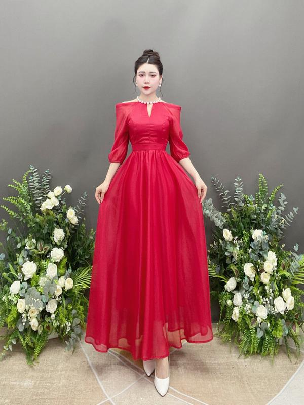  Váy Thiết Kế VQLADY D23 dành cho  Nữ  Đầm thiết kế cổ yếm đính ngọc  chất tơ phù hợp đi chơi và đi dự tiệc Dress Voan Nhung Kem chỉ giặt tay đỏ hồng Voi  đỏ và hồng 