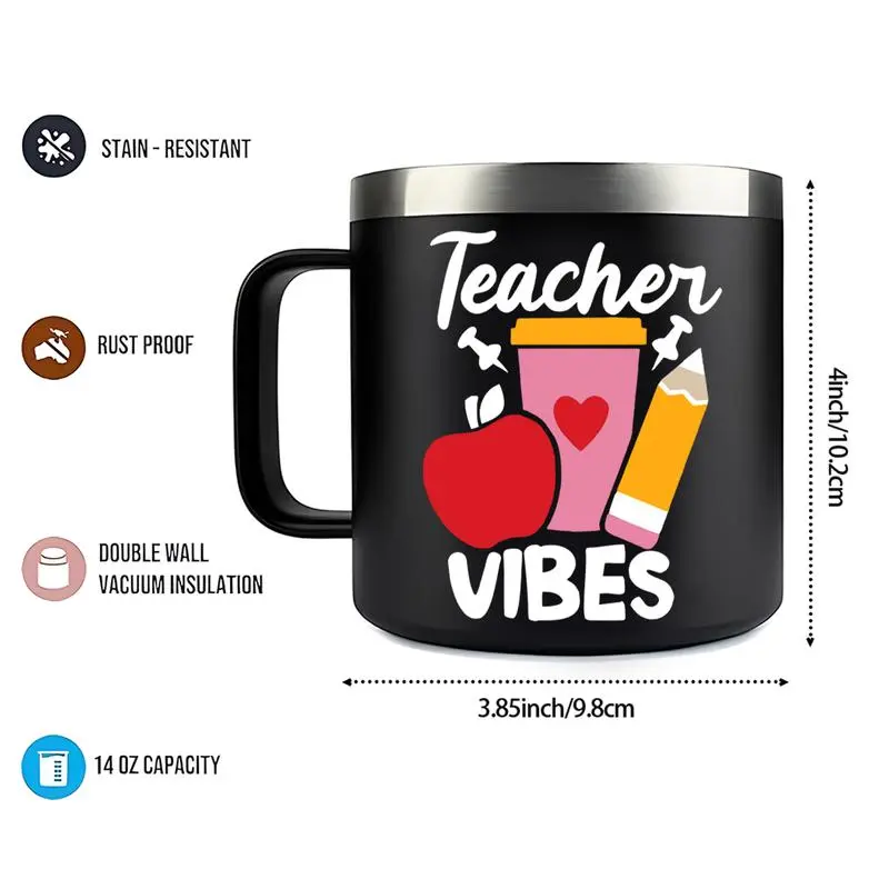 Teacher Vibes Letter Pattern Vacuum Flask, 14oz Stainless Steel Insulated Coffee Mug, Leak Proof Water Bottle for Home Office School, Drinkware 1