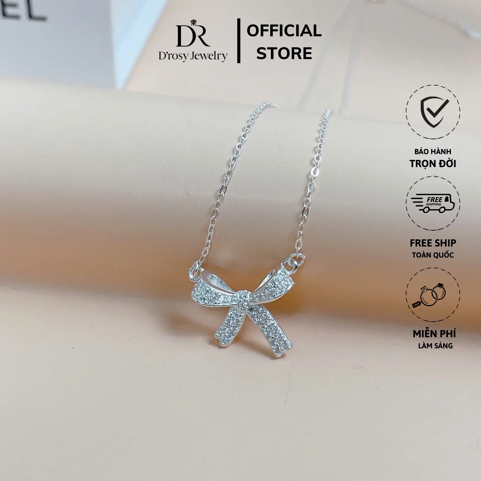 Dây chuyền bạc nữ S925 D'ROSY nơ tiểu thư nạm đá cao cấp D'ROSY JEWELRY DC06.