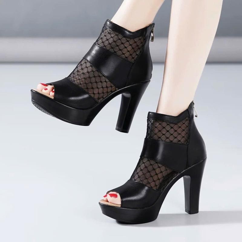 Giày Bốt Cao Gót Quai Da Phối Lưới 10p VV - Nữ - Shoes Boot Nhung