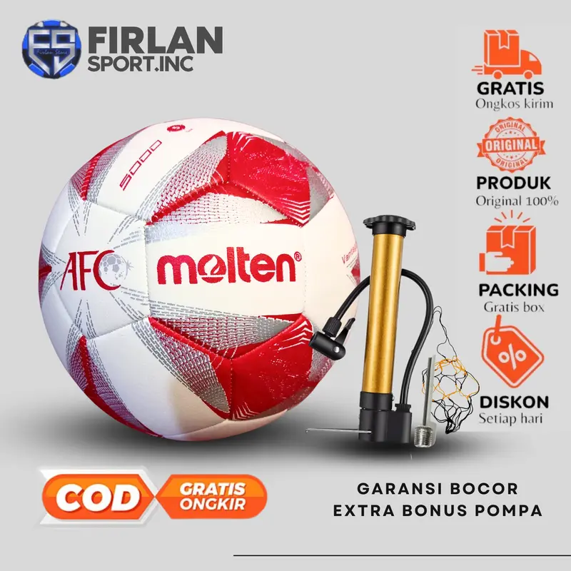 BOLA SEPAK  MOLTEN AFC NEW MERAH SIZE 5 BOLA JAHIT MESIN SATU PAKET MURAH [COD] 0
