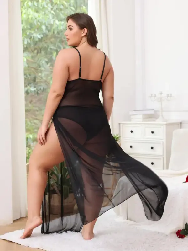 Plus Size 2pcs Sexy Sheer Split Thigh High Waist Cami Dress & Panty Set, Solid Spaghetti Strap Long Dress & Panty, Women's Two-piece Wear for All Seasons 1