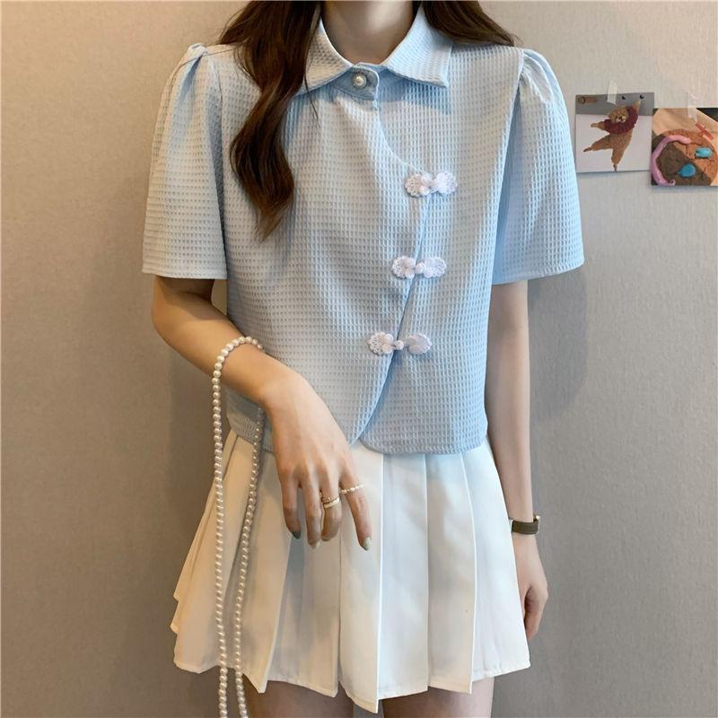 Product Introduction of Cheongsam Button Polo Collar Short-Sleeved Shirt Women's Summer 2025 New Design Sense Niche High-Grade Short Shirt Fashion Top Womenswear Blouse Lingerie Casual Comfort Basic Collared Minimalist 16