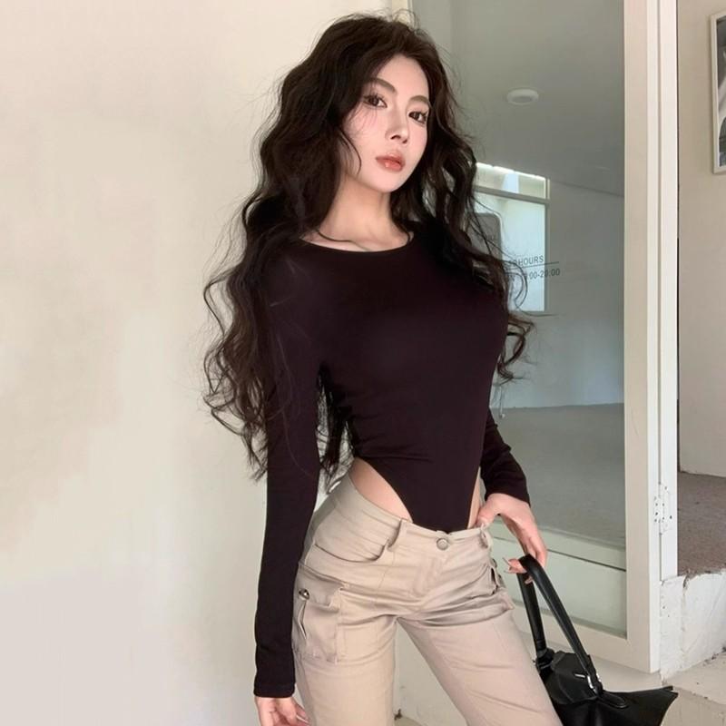 Yoohui ZZ104 Longsleeve Bodysuit Crop Top Lengan Panjang Wanita Baju Crop Wanita Korean Style Atasan Wanita Basic Leher Wanita Flute Sleeve Polos Kaos Baju Atasan Wanita Long Sleeve Atasan Rajutan Slim Fit Top 6