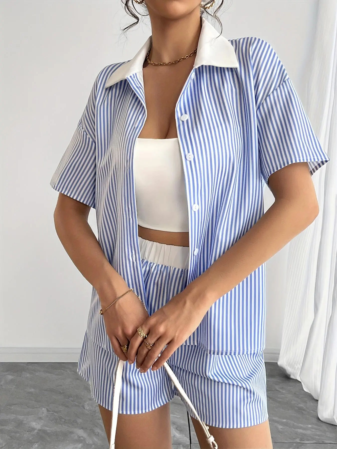 Women's Striped Print Shirt & Shorts Two-Piece Set, Casual Short Sleeve Top & Shorts for Summer, Ladies Clothes for Daily Wear